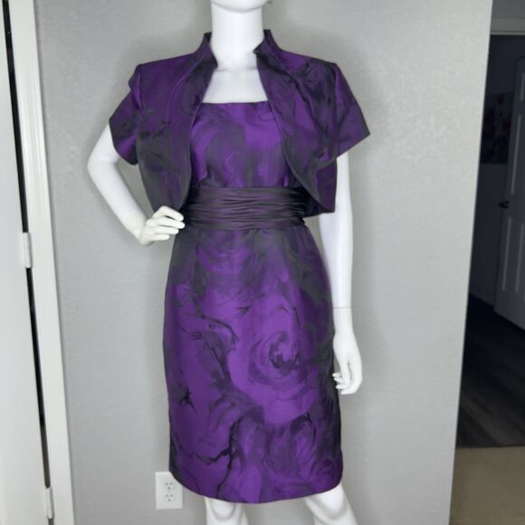 Theia Size 8 Purple Abstract Floral Brocade Pencil Sheath Dress And Shrug Jacket - Picture 2 of 10